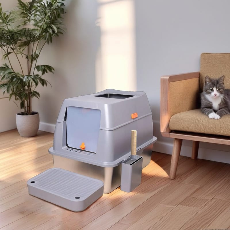 Extra Large Enclosed Stainless Steel Cat Litter Box Metal Litter Tray