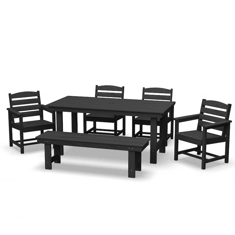 6-Piece HDPE Outdoor Dining Table Sets with Umbrella Hole - 1-Table 4-Chairs-1-Bench - Black