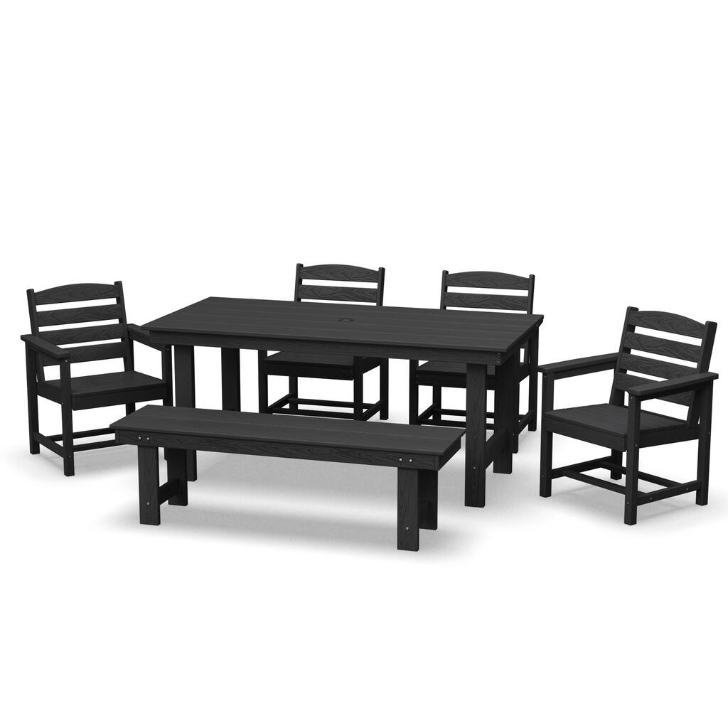 6-Piece HDPE Outdoor Dining Table Sets with Umbrella Hole - 1-Table 4-Chairs-1-Bench