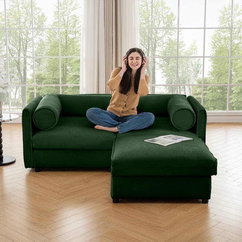 75.5" Chenille 2-Seater Sofa with Ottoman Storage & Cylindrical Backrest - Green