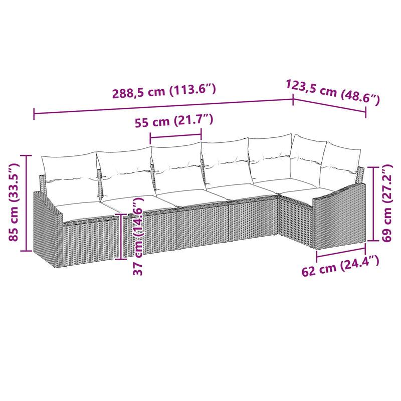 vidaXL 7 Garden Sofa Set with Cushions Black Poly Rattan - 113.6 x 48.6 x 27.2