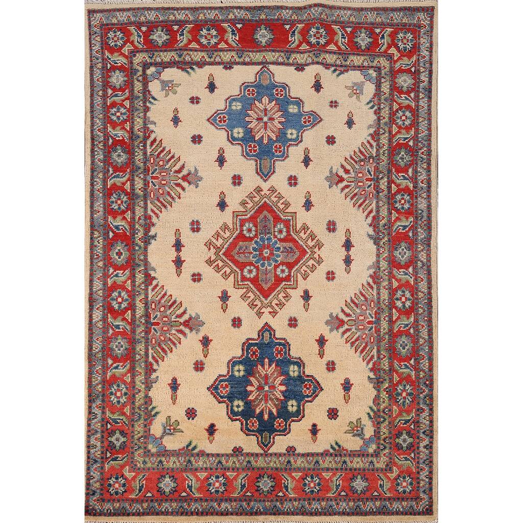 Kazak Accent Rug Handmade Geometric Beige Wool Carpet - 3'5" x 5'0"
