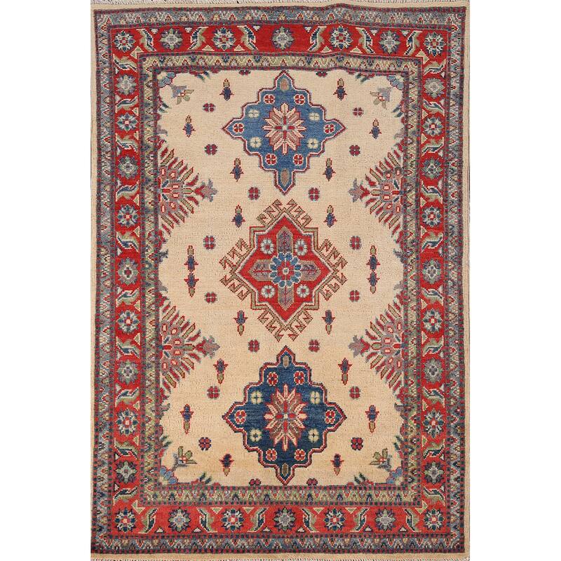 Kazak Accent Rug Handmade Geometric Beige Wool Carpet - 3'5" x 5'0"