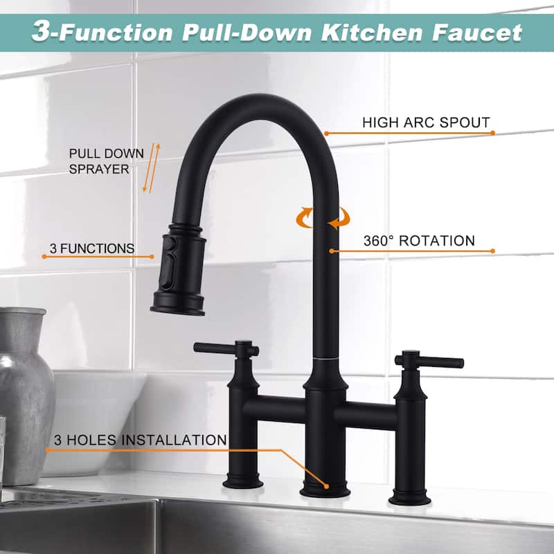 WOWOW Double Handle Pull Down Sprayer Bridge Kitchen Faucet