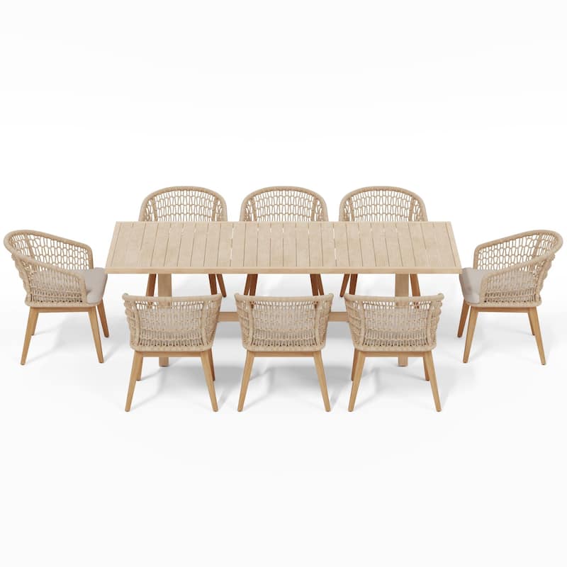 Outdoor 9-Piece Woven Rope Dining Chair and Wood Table Set