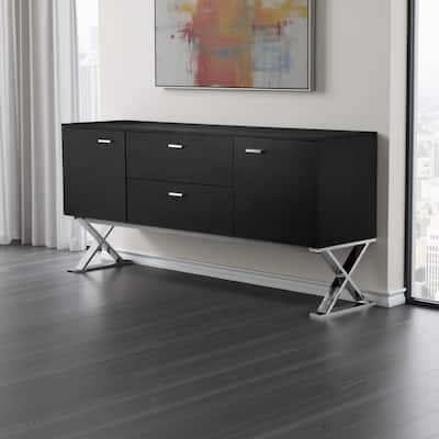 Rix Sideboard Buffet Console, 2 Door, X Chrome Legs, Black 69 Inch