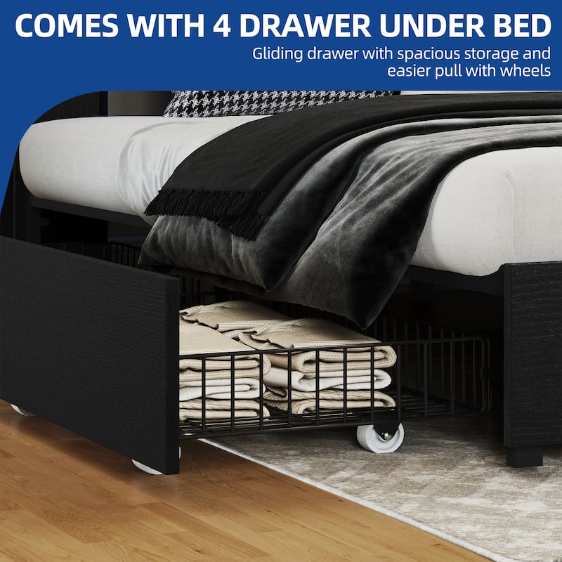 Queen/King Size LED Bed Frame with Bookcase Headboard, 4 Storage Drawers and Charging Station