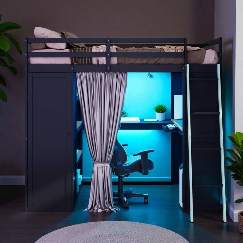 Full Size Loft Bed with Wardrobe, Desk, Shelves, Blackout Curtains & RGB Lights, Workstation with USB Port