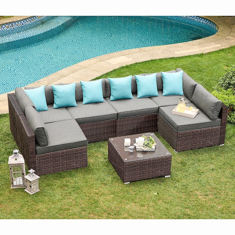 COSIEST 7-piece Outdoor Patio Furniture Wicker Sectional Sofa Set - Dark Grey