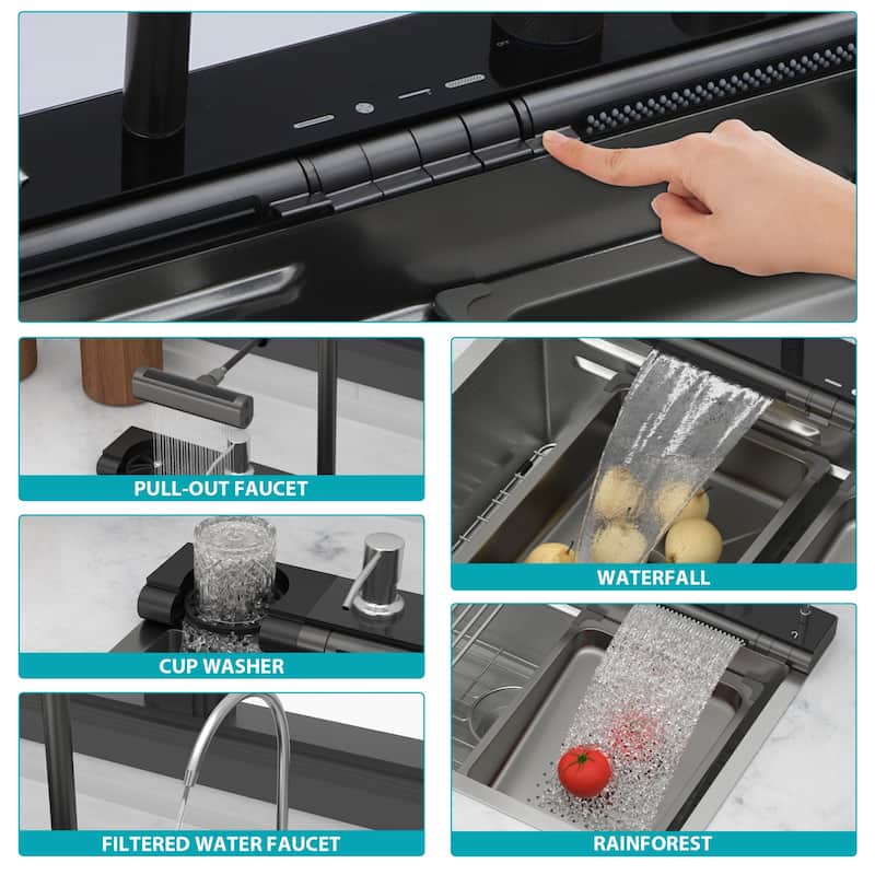 30" Drop-In 16 Gauge Single Bowl Stainless Steel Smart Digital Kitchen Sink with Faucet in Brushed Nickel - 30'' x 19'' x 9''