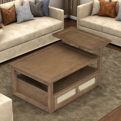 38.5" MDF Coffee Table with Rattan Drawer, Dual MDF Tabletops and Storage Shelf