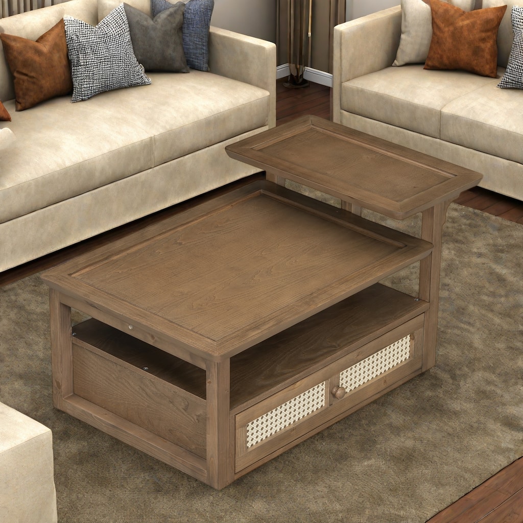 38.5" MDF Coffee Table with Rattan Drawer, Dual MDF Tabletops and Storage Shelf