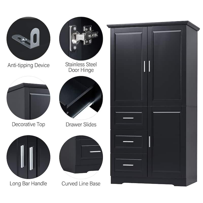 Roomfitters Tall and Wide Storage Cabinet with 3 Drawers and Doors for Bathroom or Office Freestanding Unit