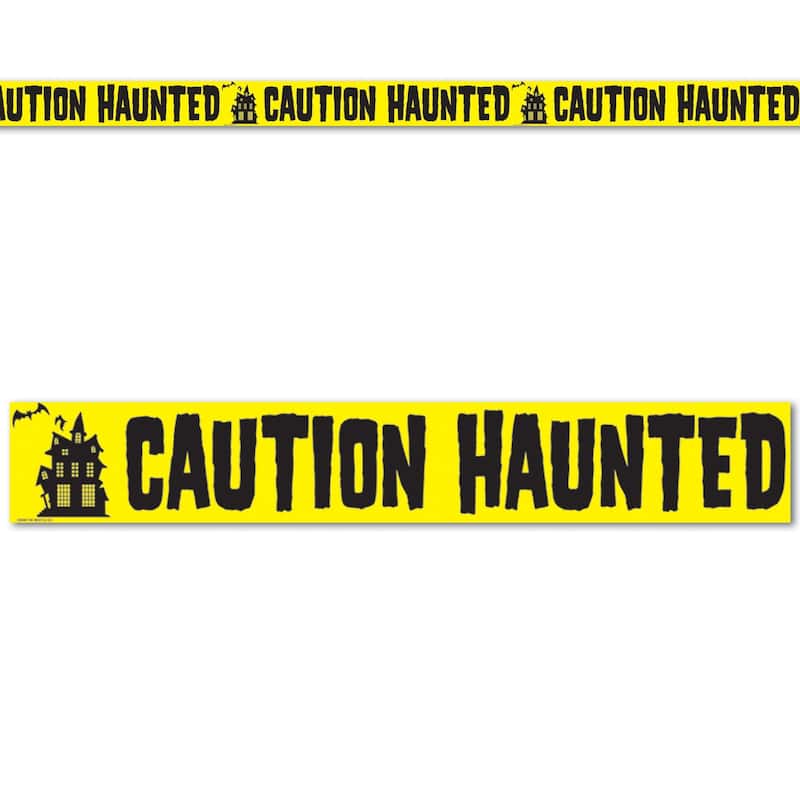 12 Yellow Black "Caution Haunted" Halloween Party Tape Decorations 20'