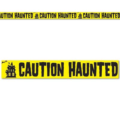 12 Yellow Black "Caution Haunted" Halloween Party Tape Decorations 20'
