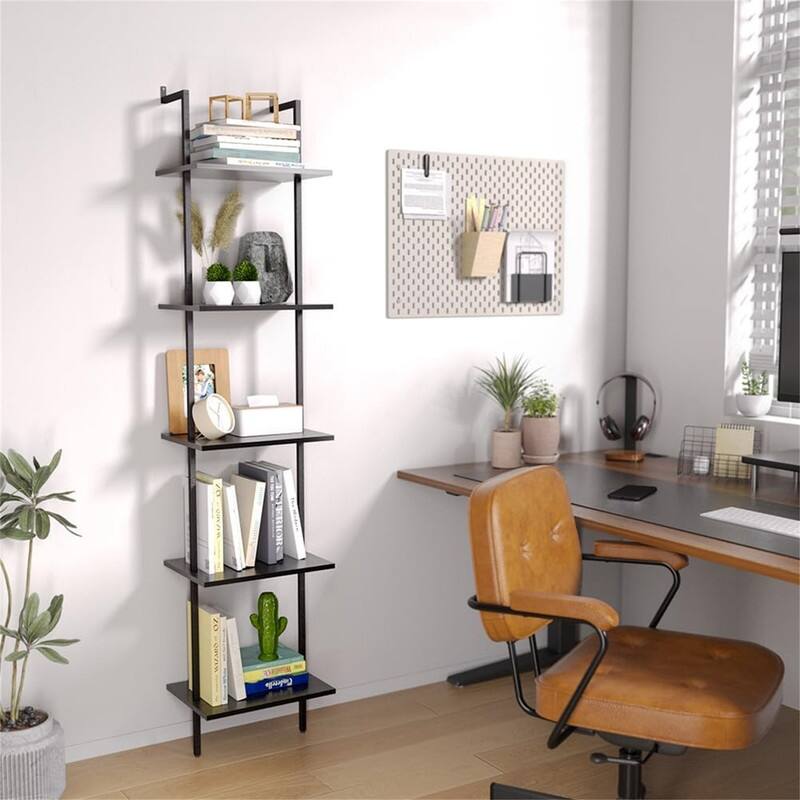5 Tier Ladder Shelf 70 Inch Wall Mounted Bookshelf Metal - 11.6"D x 15.4"W x 70.8"H