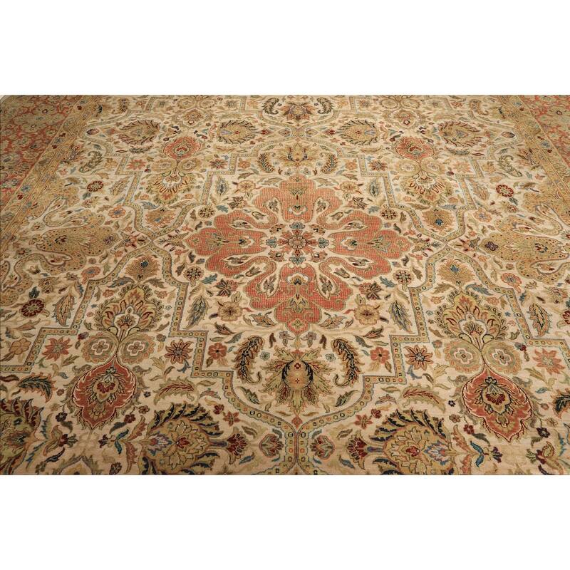 12'1''x15 Hand Knotted Wool Beige Agra Traditional Botanical Oriental Area Rug - 12' 1'' x 15'
