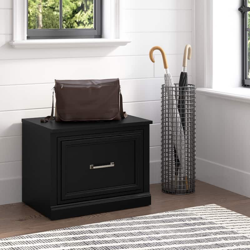 Woodland 24W Small Shoe Bench with Drawer by Bush Furniture - Black Suede Oak