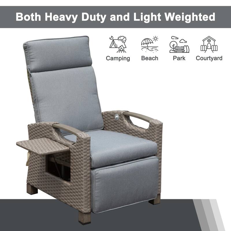 GDFStudio - Emery Outdoor Reclining Lounge Chair with Flip Table and Thick Cushions