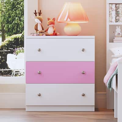 3-Drawer Wooden Nightstand, Childish Style Side Table with Colorblock Design and Silver Handle, Bedside Table Storage Cabinet