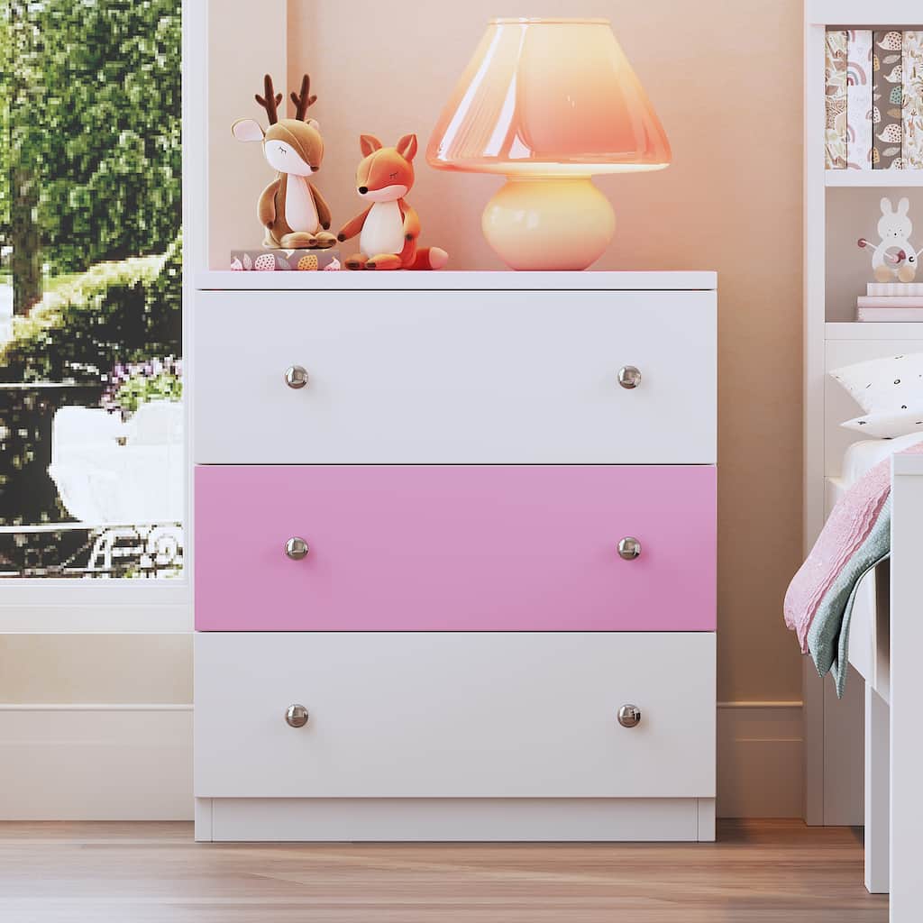 3-Drawer Wooden Nightstand, Childish Style Side Table with Colorblock Design and Silver Handle, Bedside Table Storage Cabinet