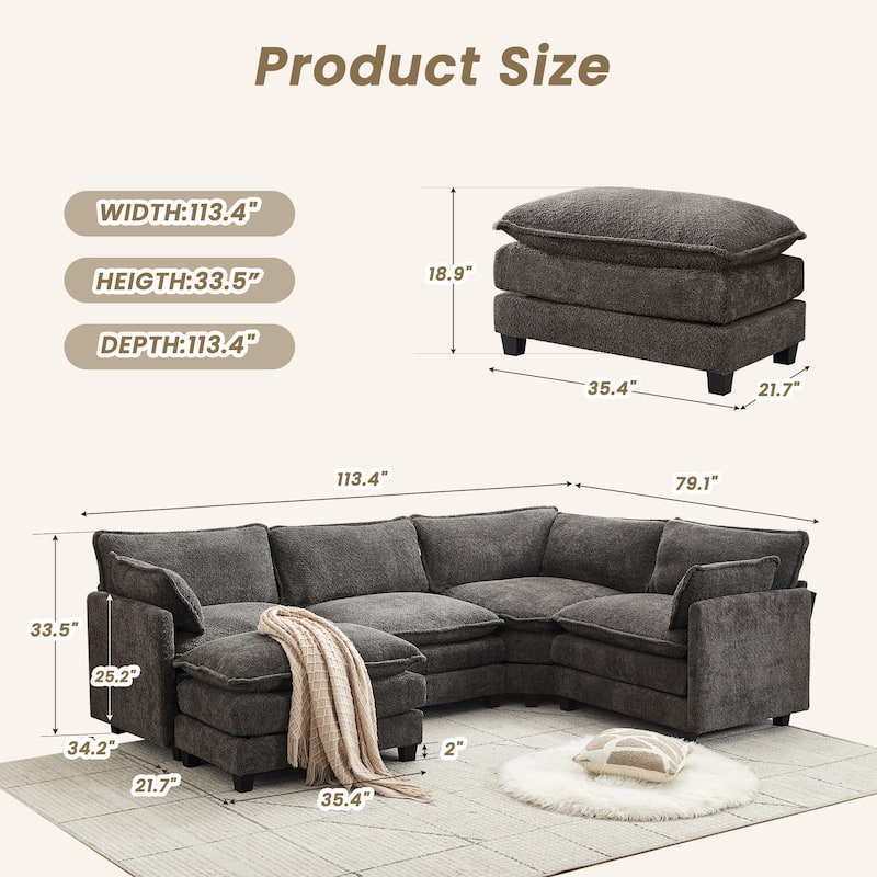 4-Seat Modular L-Shaped Corner Sectional Sofa with Ottoman, Soft Chenille Upholstery and Deep Seating for Living Room