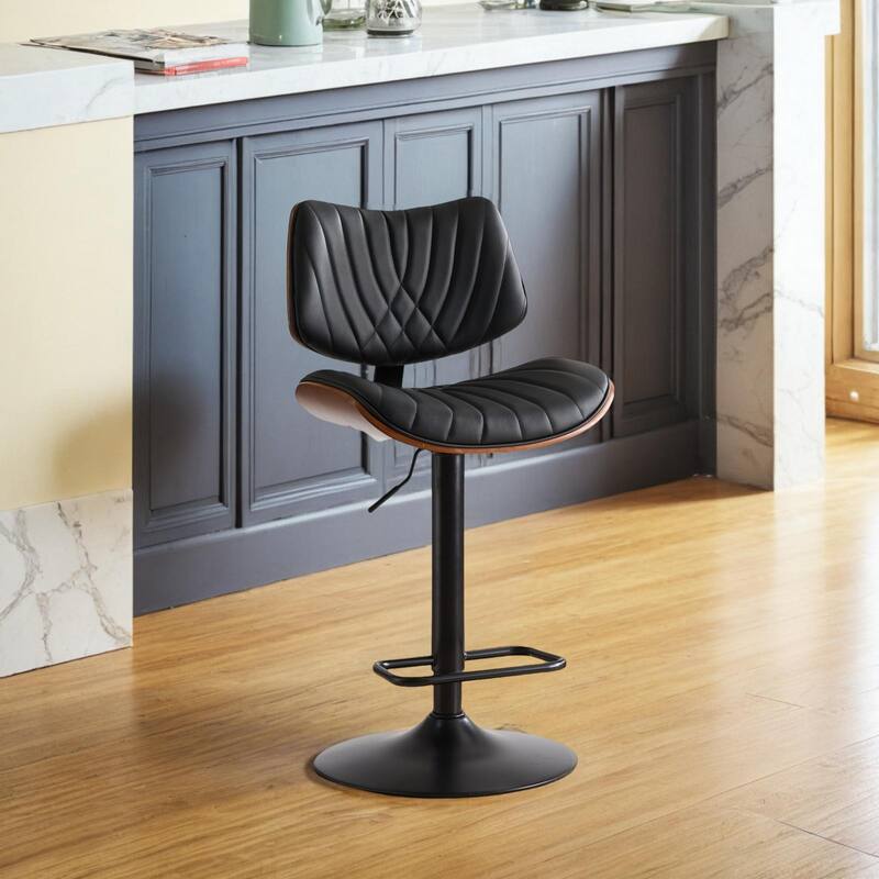 Walnut Bentwood Bar Stools Mid Century Modern Adjustable Counter Height Black Leather Upholstered 360°Swivel Bar Chairs - Black PU
