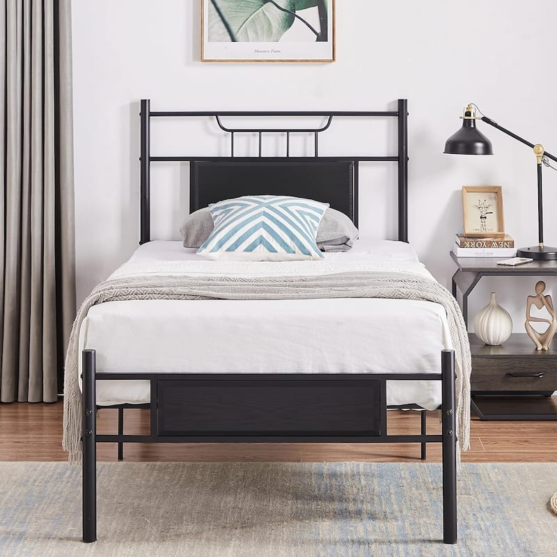 VECELO Industrial Kids Bed Frame with Wood Headboard,Twin Size Bed Set of 2