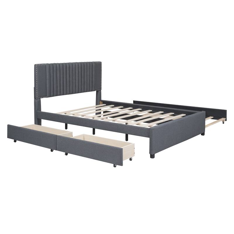 Nordic Creative Queen Size Upholstered Platform Bed with Comfy Soft Headboard Design & 2 Drawers and 1 Twin XL Trundle Bed