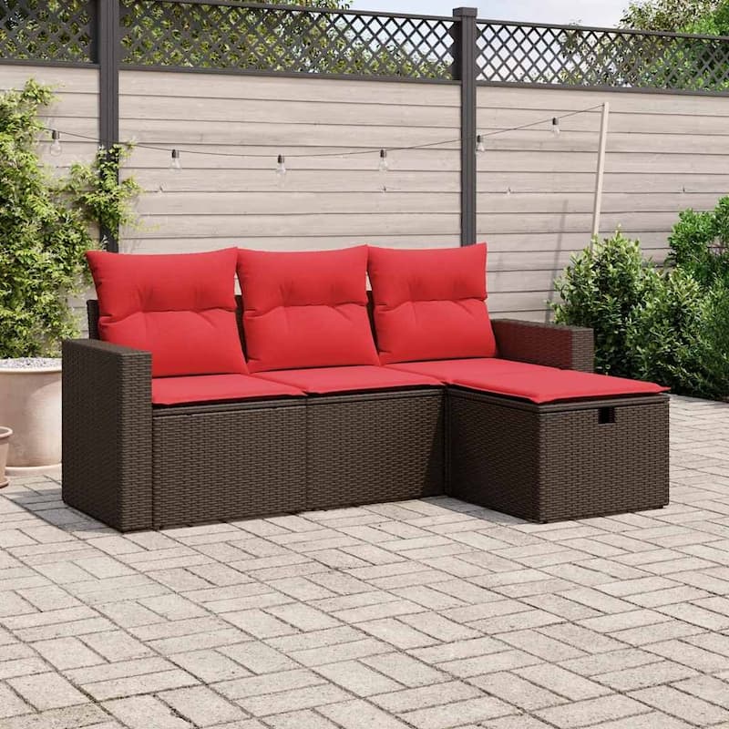 vidaXL Patio Sofa Set with Cushions Outdoor Furniture 4 Piece Poly Rattan - 21.7" x 24.4" x 27.2" - Brown