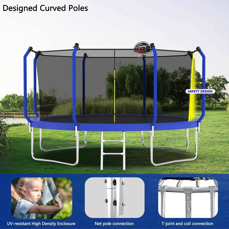Outdoor Trampoline with Safety Net, Basketball Hoop & Ladder