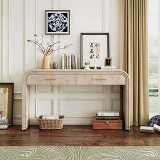 Natural Wood Wash Console Table 2 Drawers Entry Table Curved Sofa Table