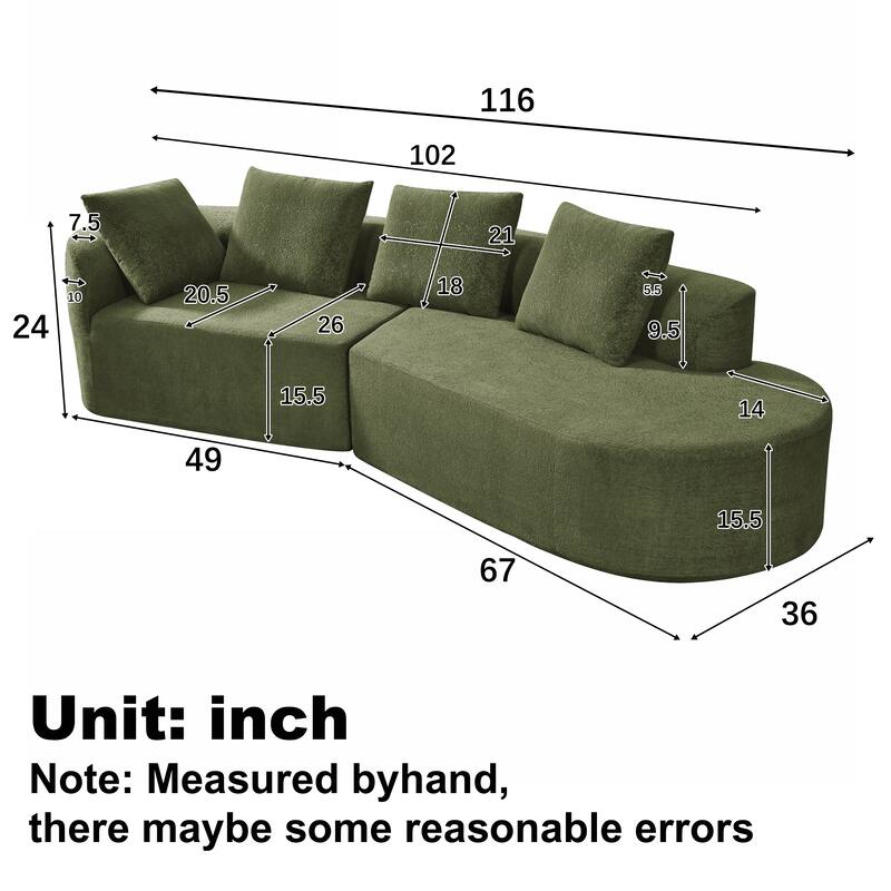 116" Curved Sectional Sofa with Chaise Lounge - High-Density Sponge Cushions, 2-Piece Set, Right-Hand Facing, Fully Assembled
