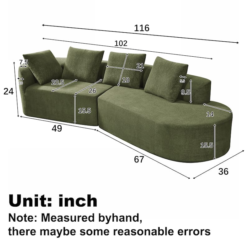 Roomfitters 116" Modern Curved 2-Piece Sectional Sofa with Chaise Lounge, Comfy Upholstery for Living Room