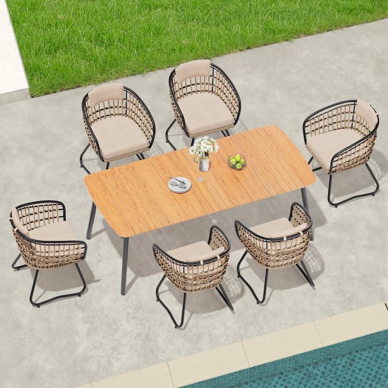 7/9-Piece Outdoor Dining Set Patio Aluminum Dining Table with Umbrella Hole and Rattan Chairs - 81.5 inches long brown table with beige chairs