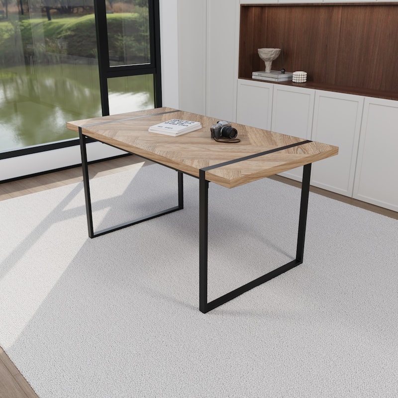 Modern 5-Piece Dining Set with Light Wood Rectangular Metal Base Table & 4 Square Corner Suede Chairs