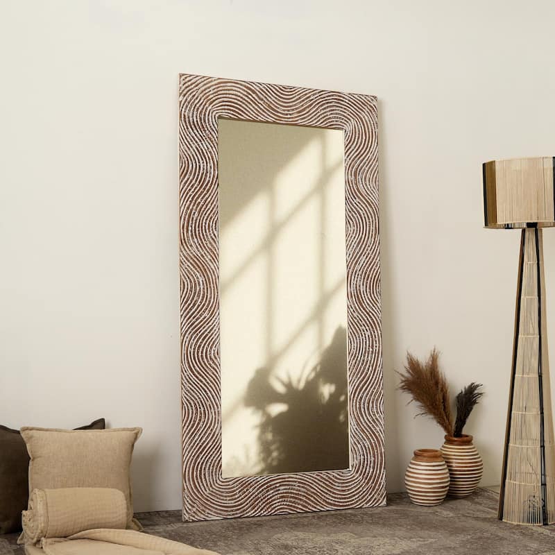 Rustic White Solid Wood Handcarved Wave Design Rectangle Mirror Accent-36" x 72" - Natural