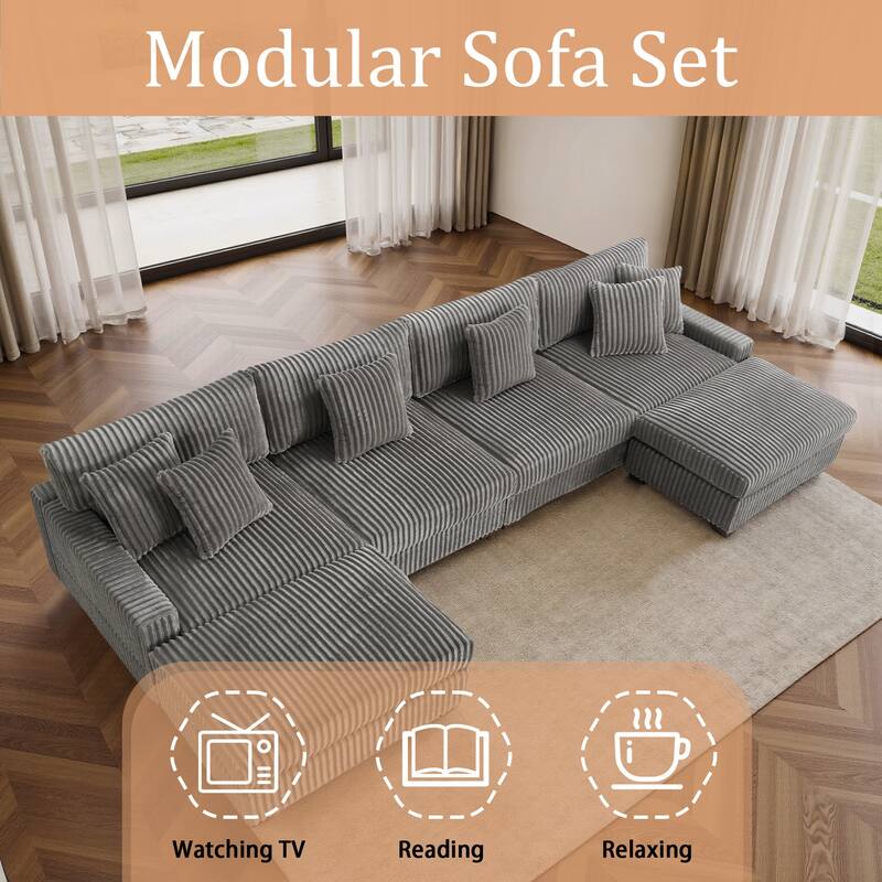 Modular Cotton Flannel Plush Sectional Sofa with Ottomans