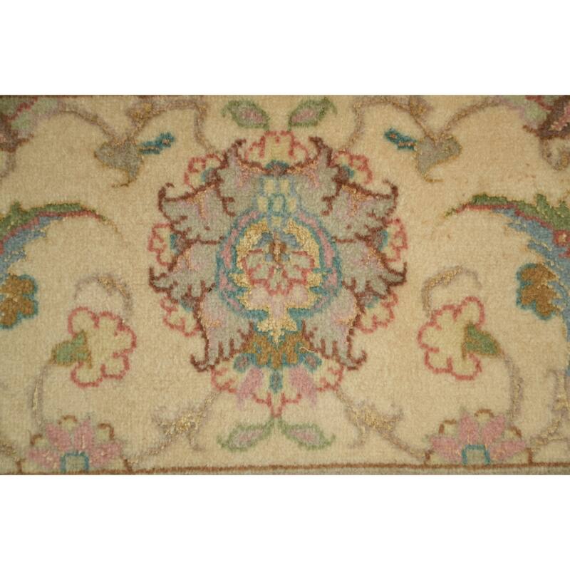 Hand Knotted Oriental Wool & Silk Carpet Traditional All-Over Beige & Ivories Tabriz Area Rug - 9' 9'' X 6' 8''