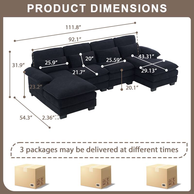 U Shape Cloud Couch 111.8",4-seat Velvet Fabric Upholstered Sofas with Chaise Lounge & Pillows