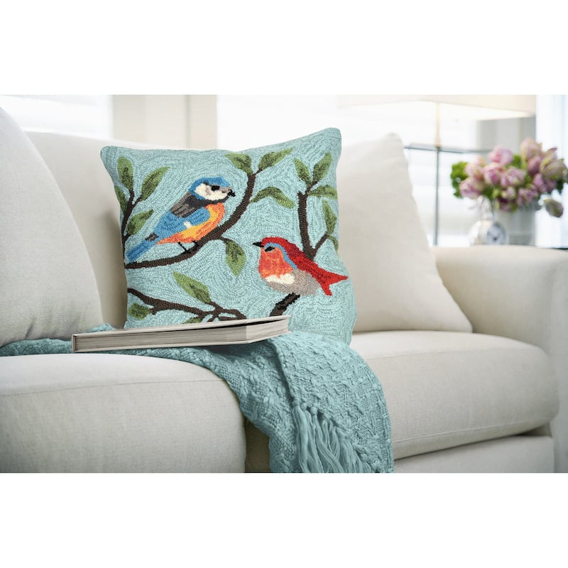 Liora Manne Frontporch Birds On Branches Indoor/Outdoor Pillow Aqua 18" Square
