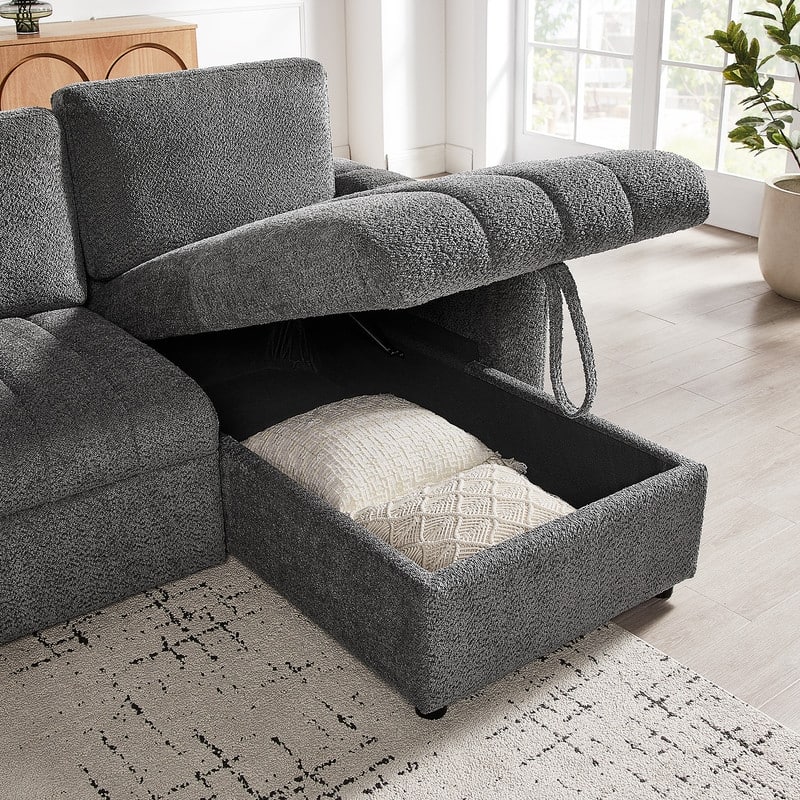 Seraphina 101"W Gray Chenille Fabric Reversible Sleeper Sectional Sofa w/Storage Chaise, Cupholders, USB Port, Throw Pillows