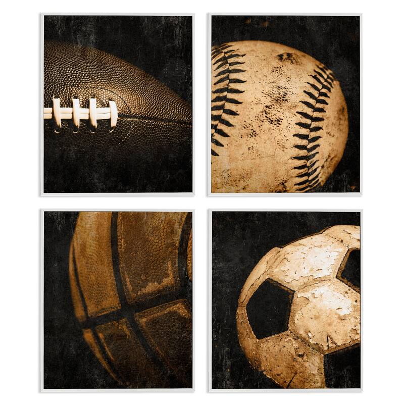 Stupell Distressed Vintage Sports Balls Framed Giclee Art Design By Kim Allen (Set of 4) - 11 x 14 - White