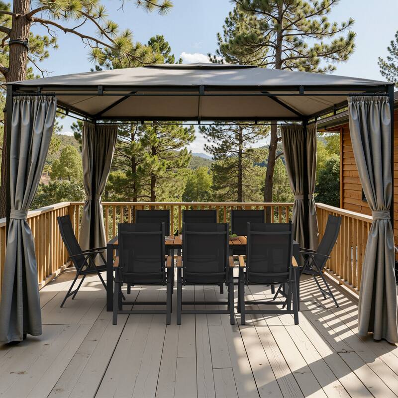 Outdoor Patio Aluminum Folding Chairs Set with Adjustable Backrest, Solid Wood Armrest - Black - 8PC