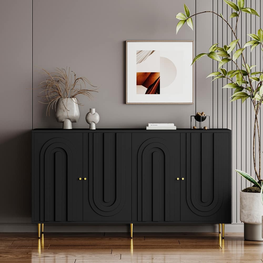 Modern Buffet Sideboard Cabinet with Storage, 4 Door Wooden Credenza with Metal legs for Living Room, Entryway, Hallway
