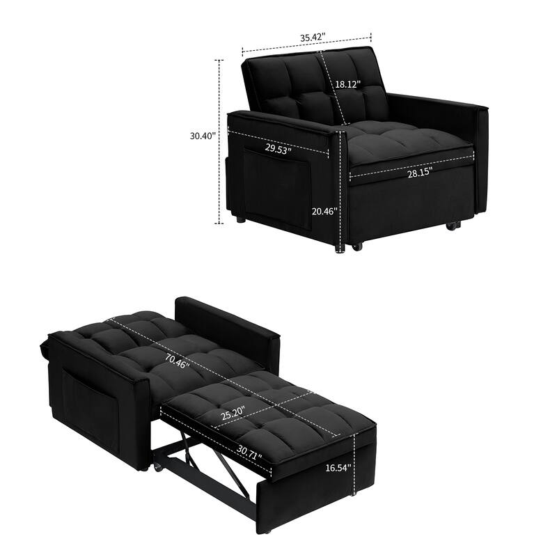 Classic Velvet Upholstered Convertible Futon Chair with Side Storage Pockets