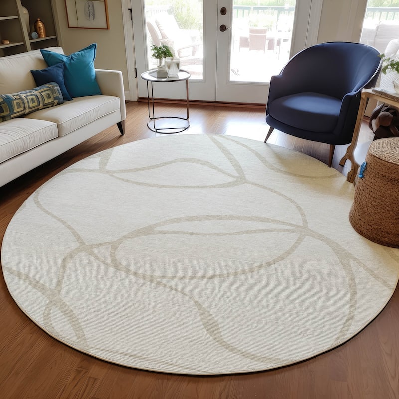 Machine Washable Indoor/ Outdoor Abstract Modern Chantille Rug - Ivory - 8' x 8'