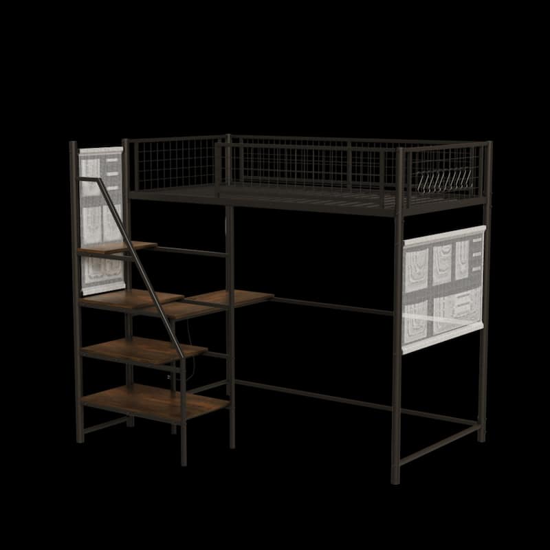 70'' Twin Metal Loft Bed with Built-in LED Lights and Charging Station