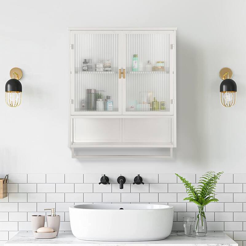 Wall-Mounted Black Sideboard with Fluted Tempered Glass, Two-Tier Storage Cabinet and Open Shelf