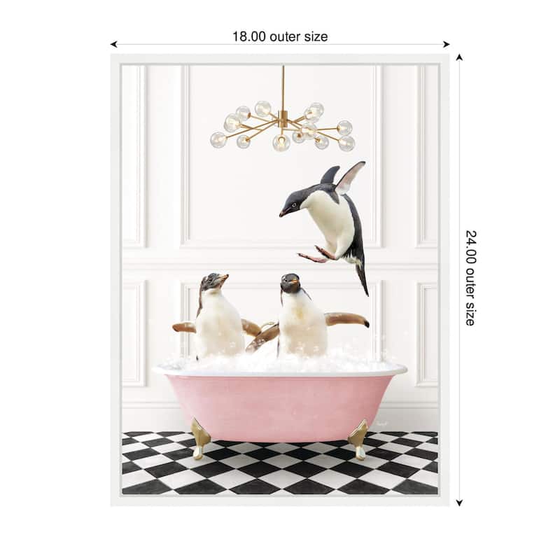 Kate and Laurel Sylvie Penguins in Pink Bathtub on Checker Floor Framed Canvas by Amy Peterson